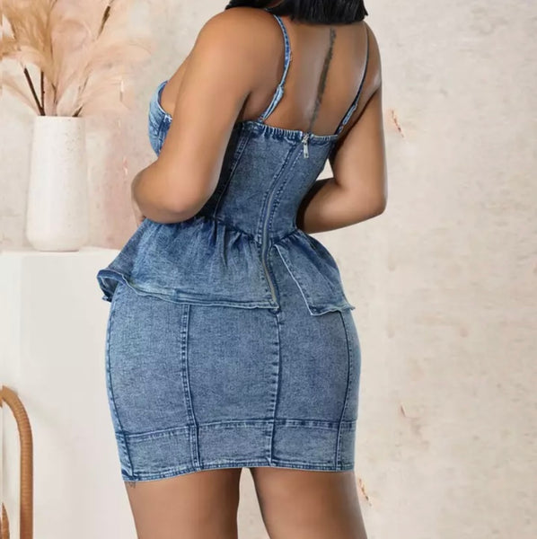 Women Sleeveless Ruffled Fashion Denim Dress