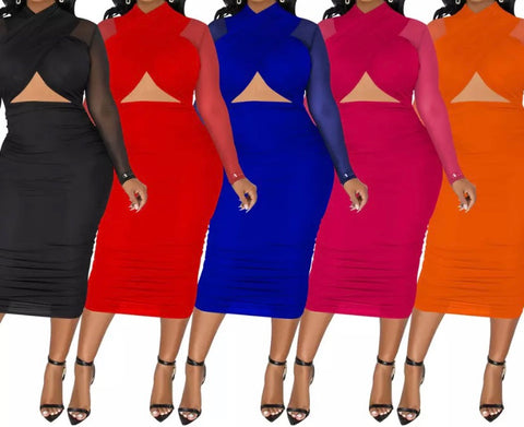 Women Sexy Mesh Long Sleeve Cut Out Dress