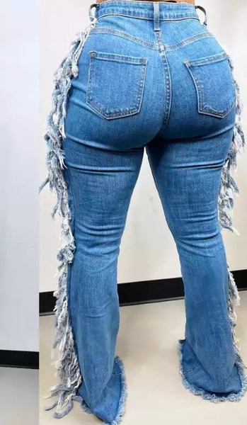 Women Fashion Lace Up Fringe Denim Pants