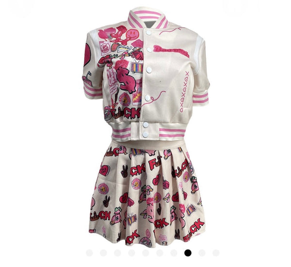 Women Printed Fashion Varsity Jacket Two Piece Pleated Skirt Set