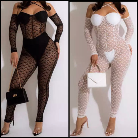 Women Sexy Mesh Off The Shoulder Long Sleeve Jumpsuit