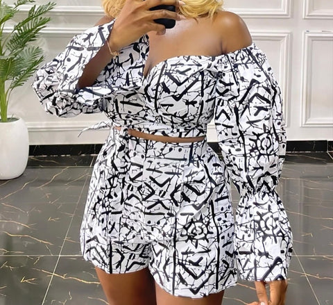 Women White/Black Printed Off The Shoulder Full Sleeve Two Piece Short Set