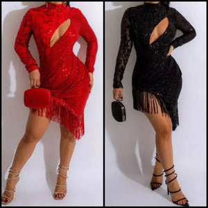 Women Sexy Sequins Cut Out Full Sleeve Fringe Dress