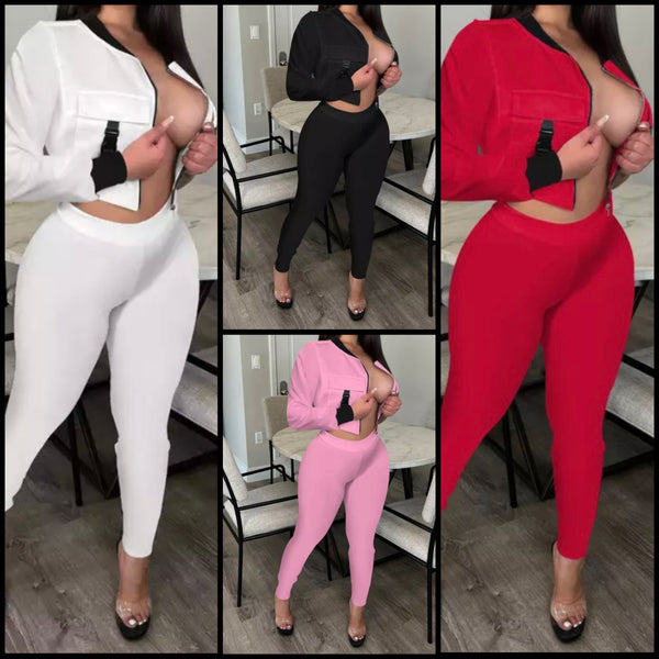 Women Two Piece Buckled Crop Jacket Fashion Pant Set