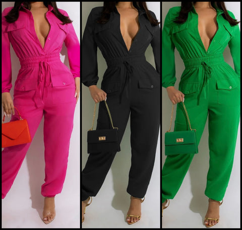 Women Full Sleeve Button Up Drawstring Fashion Jumpsuit