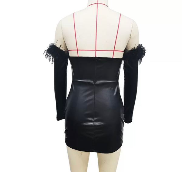 Women Black Off The Shoulder Feather Faux Leather Dress