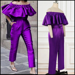 Women Fashion Purple Ruffled Off The Shoulder Two Piece Pant Set