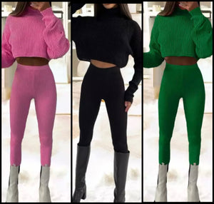 Women Fashion Solid Color Ribbed Turtleneck Two Piece Pant Set