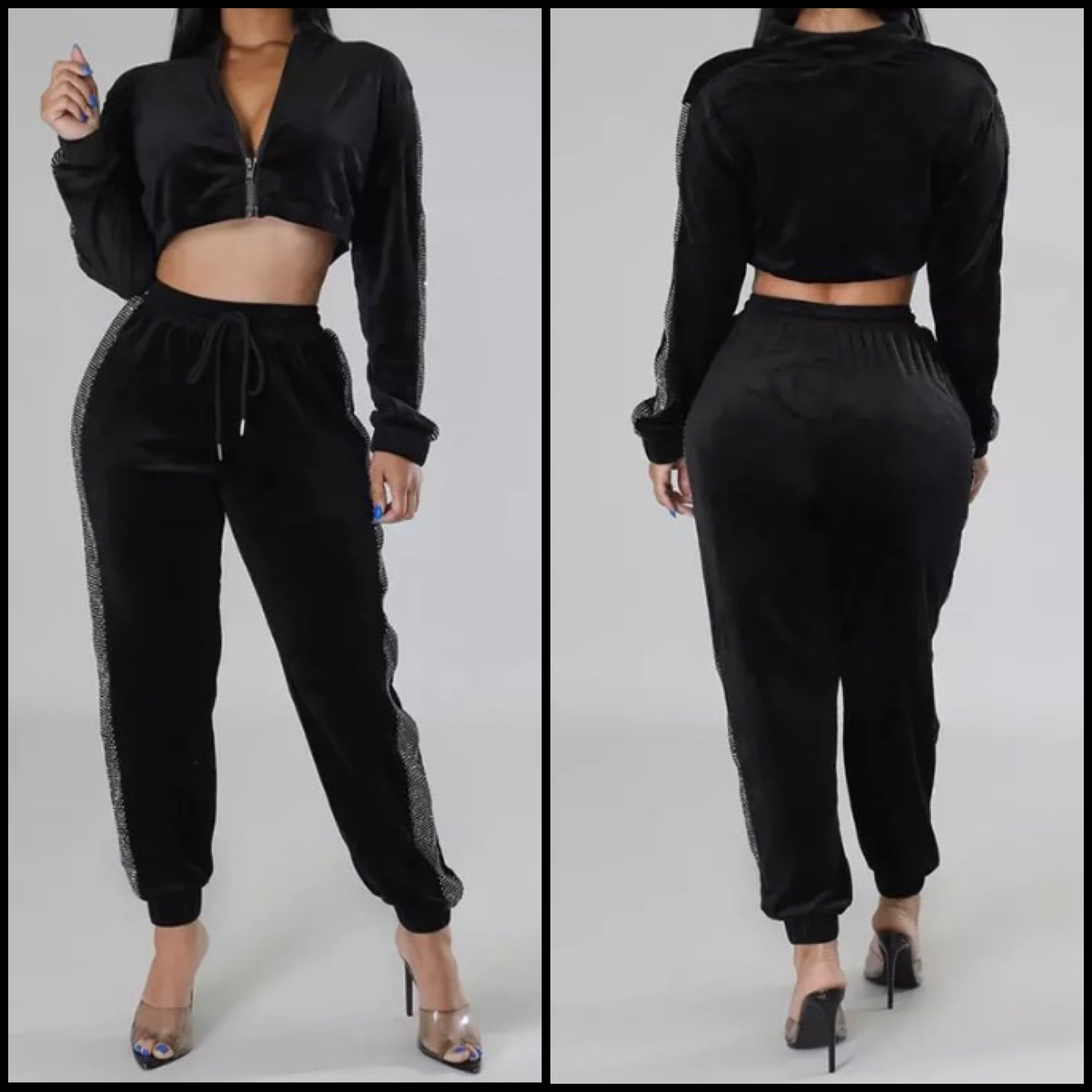 Women Sexy Velour Side Sequins Patchwork Two Piece Pant Set