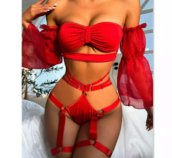 Women Sexy Off The Shoulder Mesh Sleeve Lingerie Set