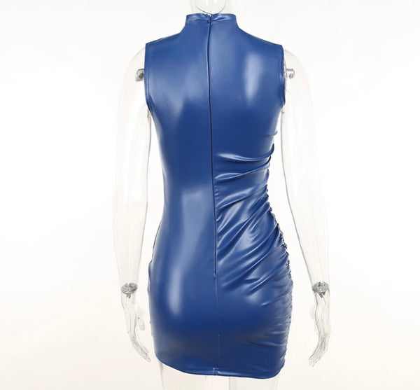 Women Sexy Sleeveless Turtleneck PU Dress