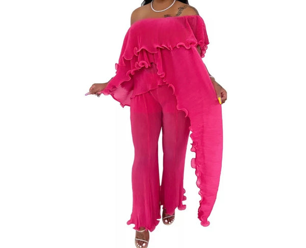 Women Sexy Off The Shoulder Ruffled Asymmetrical Two Piece Pant Set