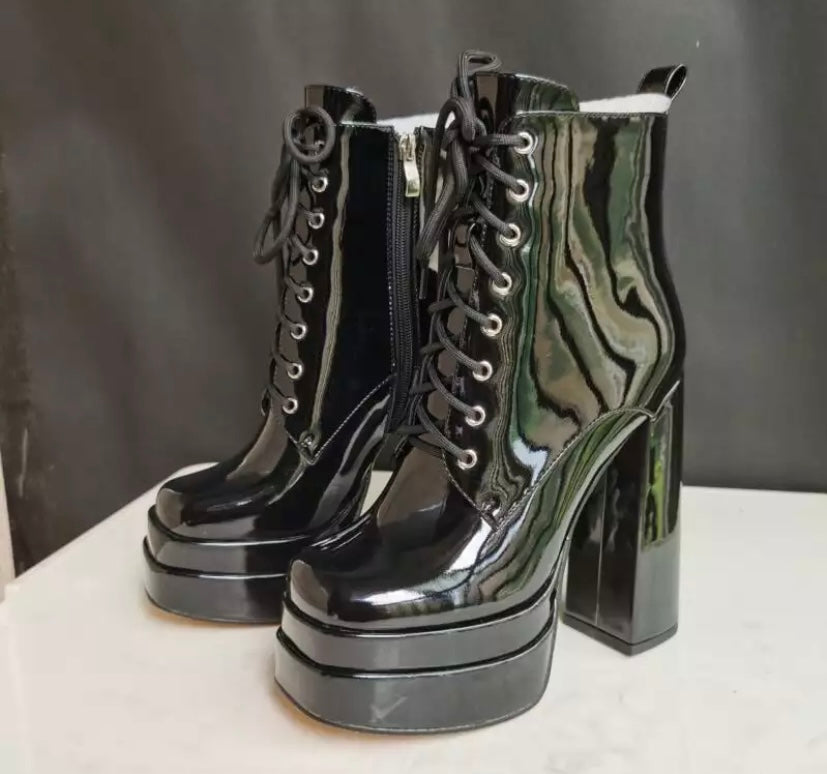 Women Patent Leather Lace Up Platform Ankle Boots