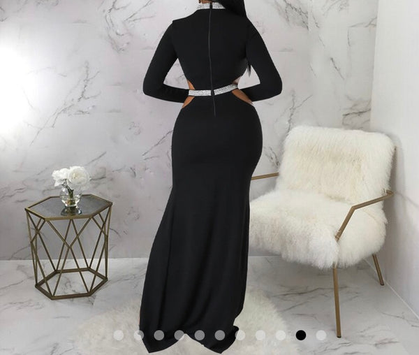 Women Sexy Bling Patchwork Full Sleeve Cut Out Maxi Dress