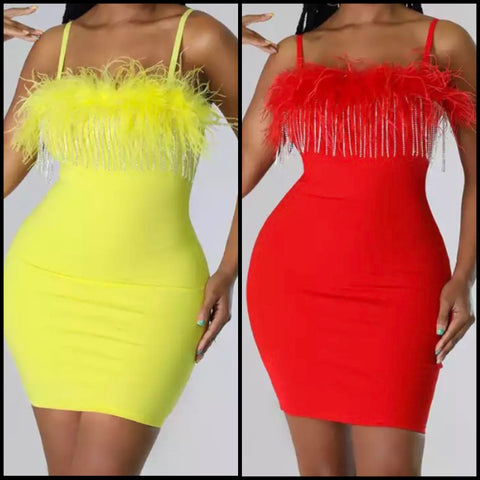 Women Sleeveless Feather Bling Tassel Sexy Dress