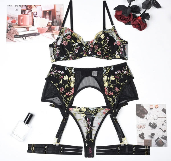 Women Sexy Black Colorful Floral Mesh Lingerie Set