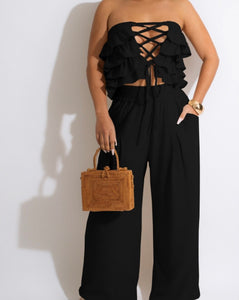 Women Ruffled Sleeveless Crop Two Piece Wide Leg Pant Set