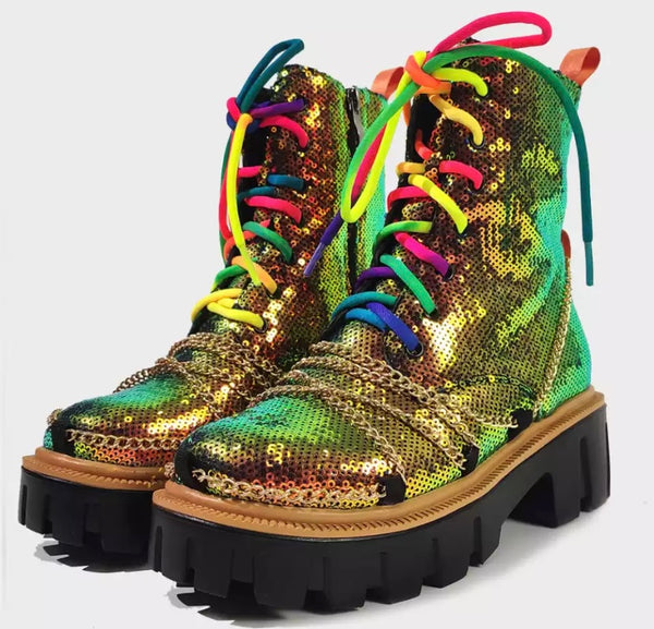 Women Sequins Rainbow Chain Fashion Ankle Boots