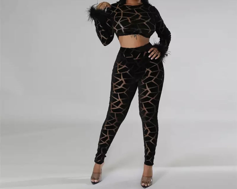 Women Sexy Velour Mesh Patchwork Feather Two Piece Pant Set