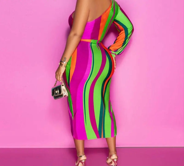 Women Multicolored Sexy One Shoulder Belted Dress