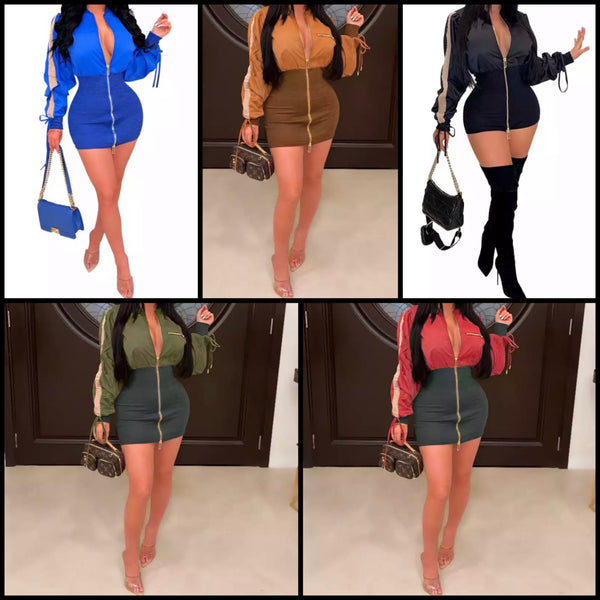 Women Fashion Front Zipper Full Sleeve Mini Dress