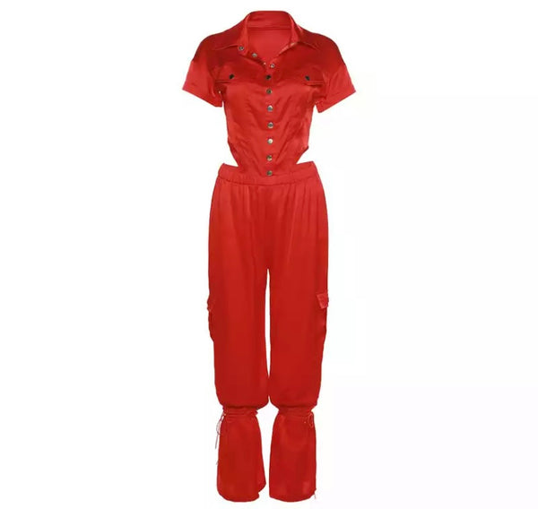 Women Fashion Button Up Bodysuit Two Piece Pant Set