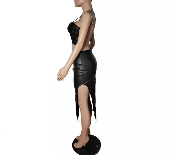 Women Sexy Black Backless Chain Two Piece PU Skirt Set
