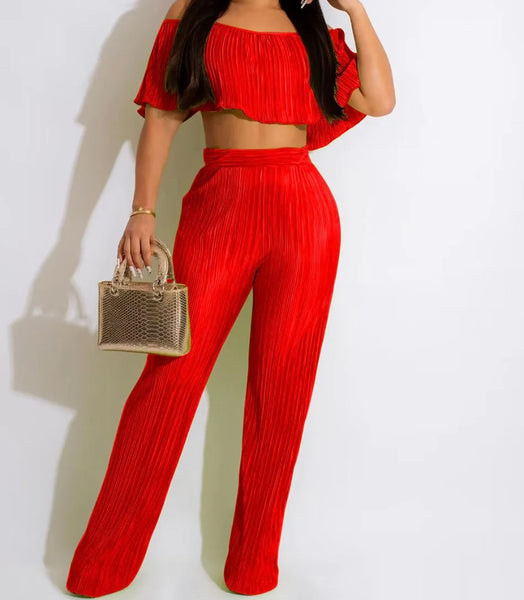 Women Sexy Short Sleeve Off The Shoulder Crop Two Piece Pant Set