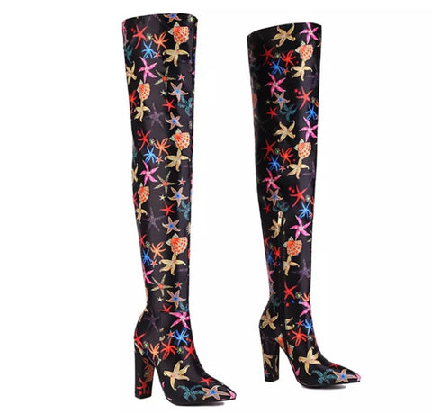 Women Multicolored Print Pointed Toe Fashion Over The Knee Boots