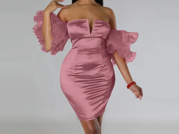 Women Sexy Satin Ruffled Puff Sleeve Off The Shoulder Dress