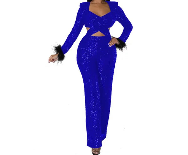 Women Sexy Sequins Cut Out Full Feather Sleeve Jumpsuit