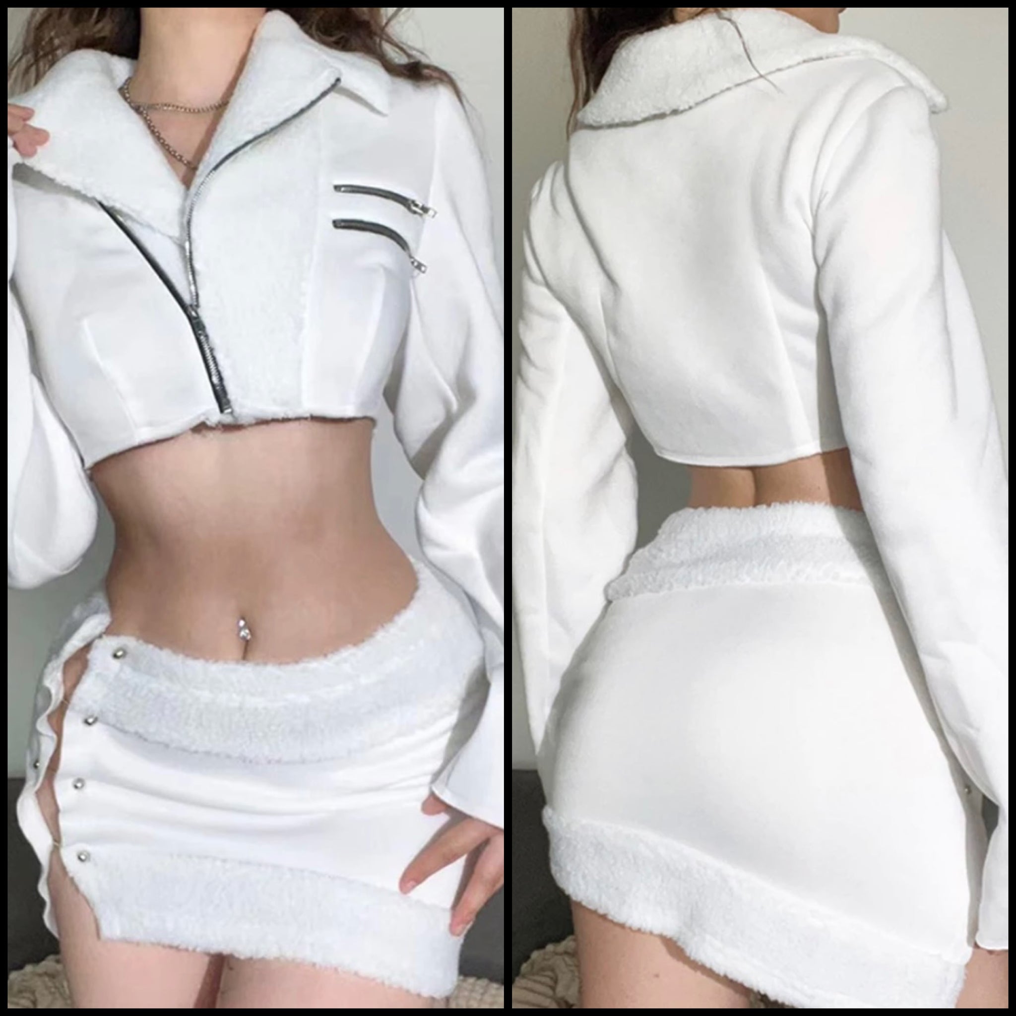 Women Fashion White Crop Jacket Two Piece Skirt Set