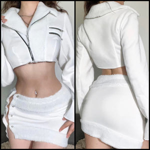 Women Fashion White Crop Jacket Two Piece Skirt Set