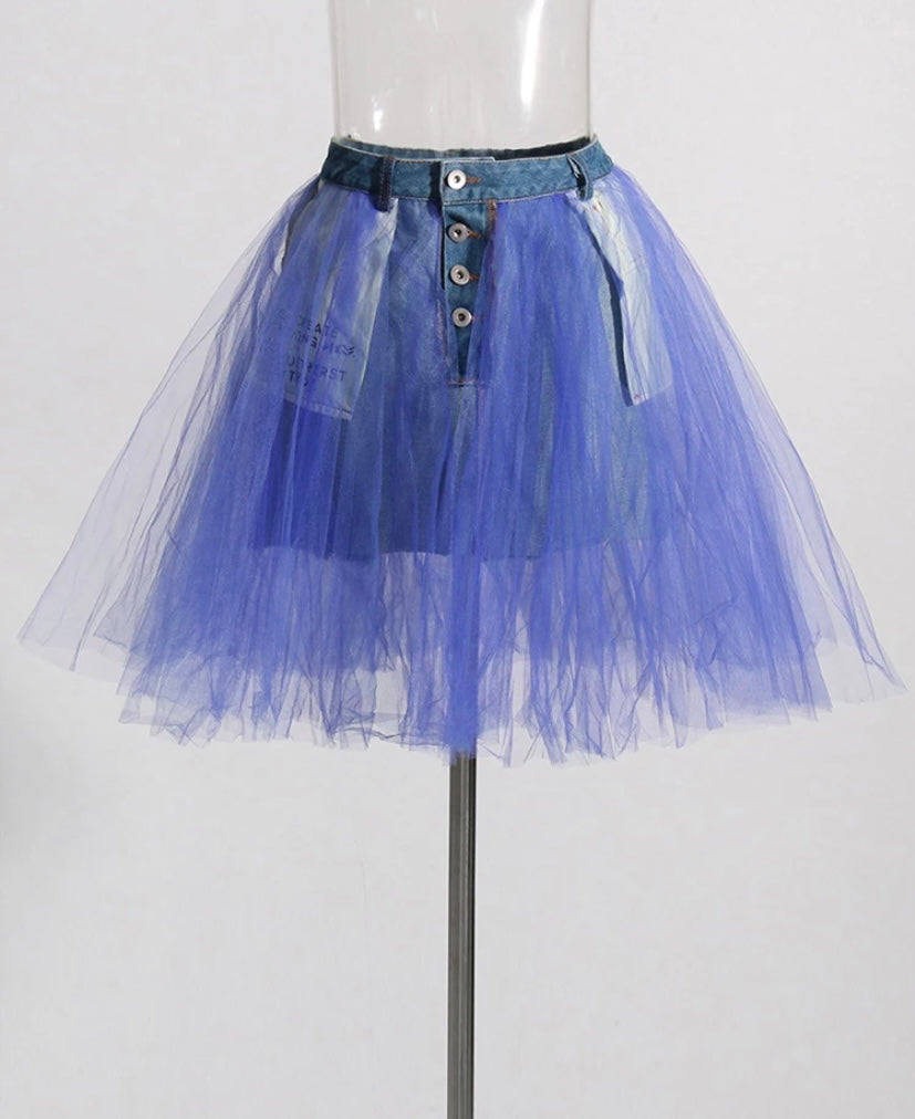 Women Fashion Denim Color Mesh Skirt