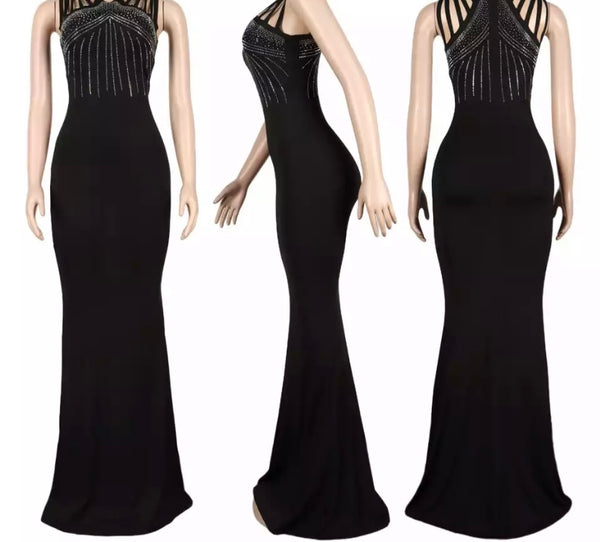 Women Sexy Sleeveless Rhinestone Maxi Dress