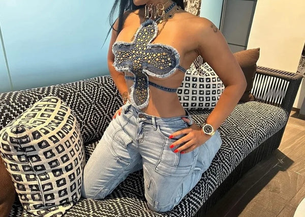 Women Sexy Sleeveless Halter Denim Crop Top