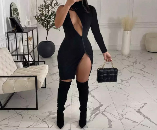 Women Sexy Black One Shoulder Double Zipper Dress