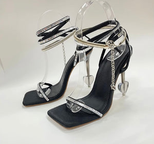 Women Square Toe Chain Fashion Heart High Heel Sandals