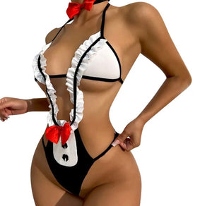 Women Sexy B&W Red Bow Ruffled Bodysuit Lingerie