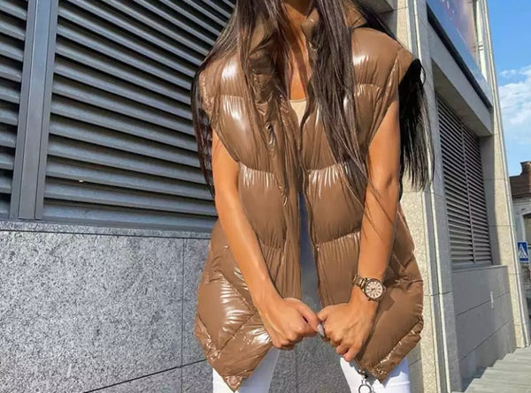 Women Fashion Detachable Sleeve PU Puff Jacket