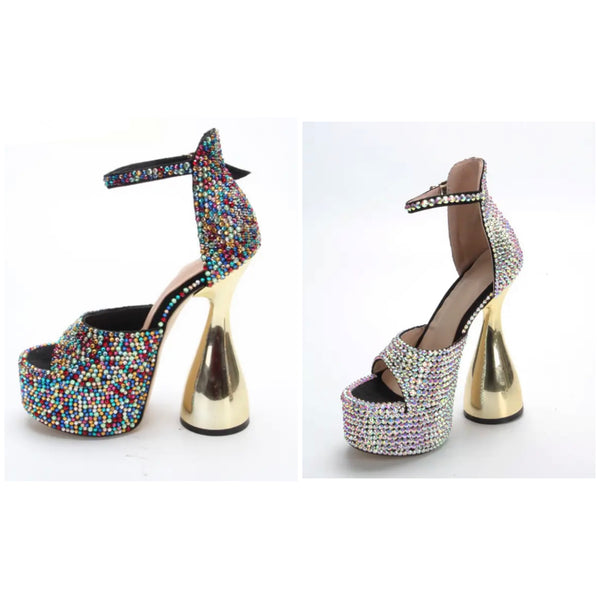 Women Platform Rhinestone Gold High Heel Sandals