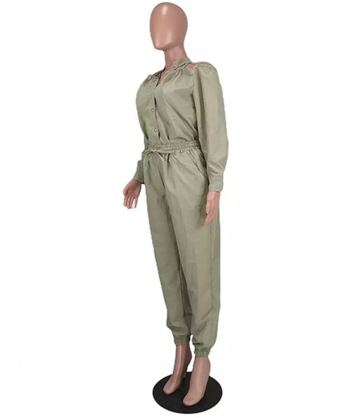 Women Fashion Button Up Full Sleeve Two Piece Drawstring Pant Set
