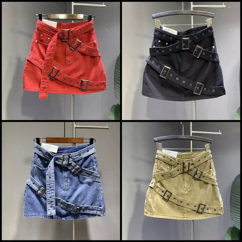 Women Buckled Strap Fashion Denim Skirt