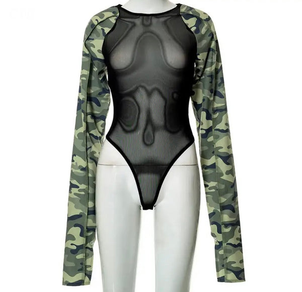 Women Fashion Full Sleeve Army Mesh Bodysuit Top