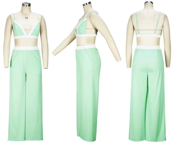 Women Sexy Sleeveless Color Patchwork Two Piece Pant Set