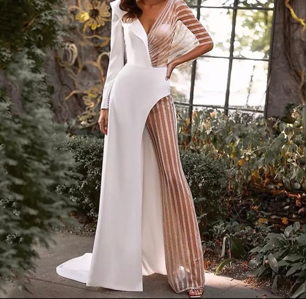 Women Sexy Mesh Patchwork White One Shoulder Jumpsuit