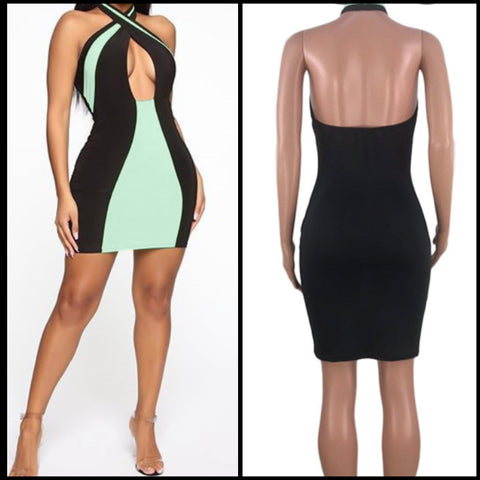 Women Sexy Halter Color-Block Dress