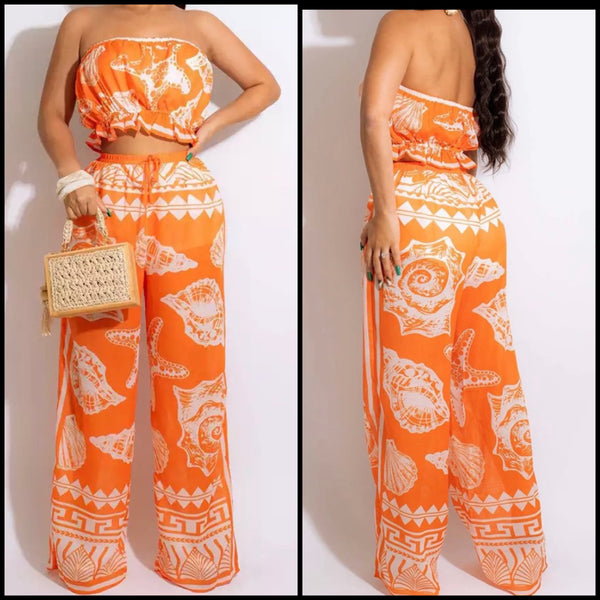 Women Printed Fashion Strapless Crop Two Piece Pant Set