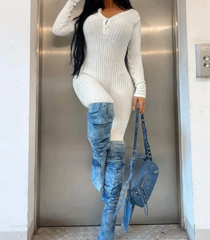 Women Fashion White Ribbed Full Sleeve Jumpsuit