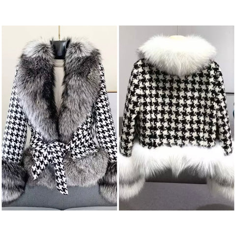 Women Fashion Faux Fur Patchwork Houndstooth Print Jacket